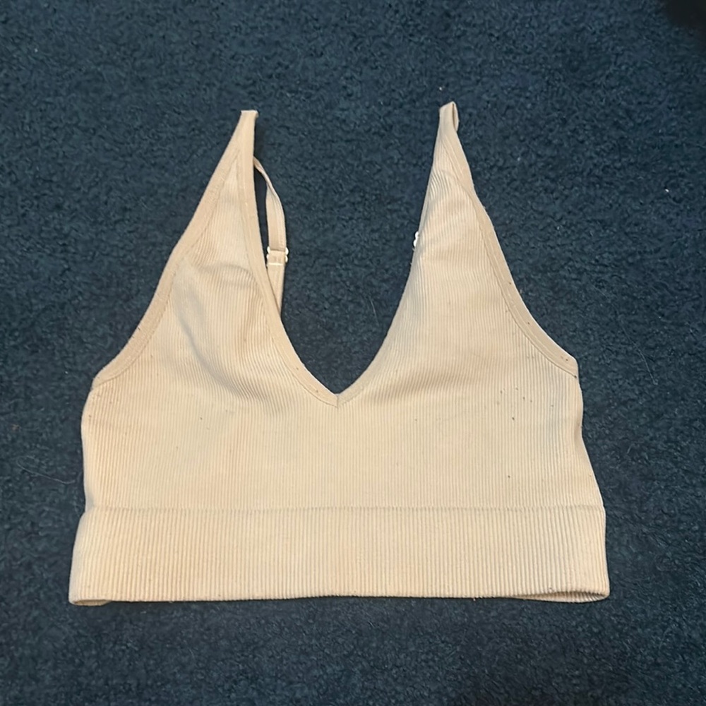 Garage Beige Ribbed V-Neck Tank Top